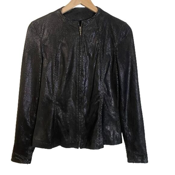 Reba Black Vintage Fitted Leather Jacket Shinty Snakeskin Texture Full Zip Sz 4 - Picture 1 of 11